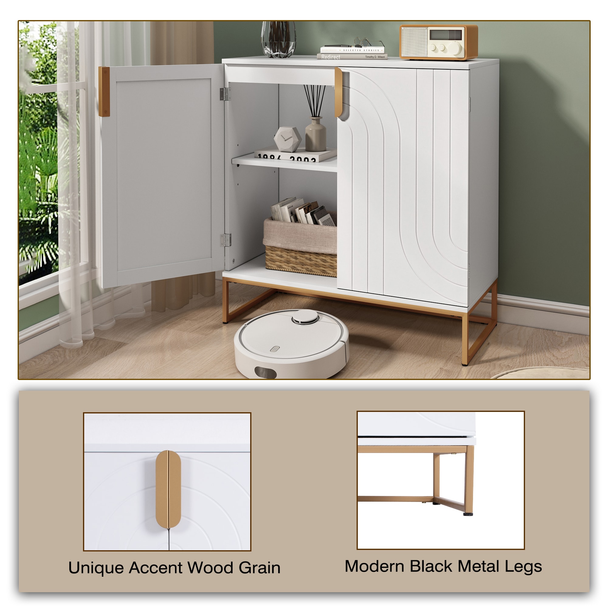Accent Wood Grain Cabinet With 2 Doors, Storage Cabinet Sideboard With Gold Metal Legs For Living Room,Entryway And Kitchen Dining Room, White_voghion.com